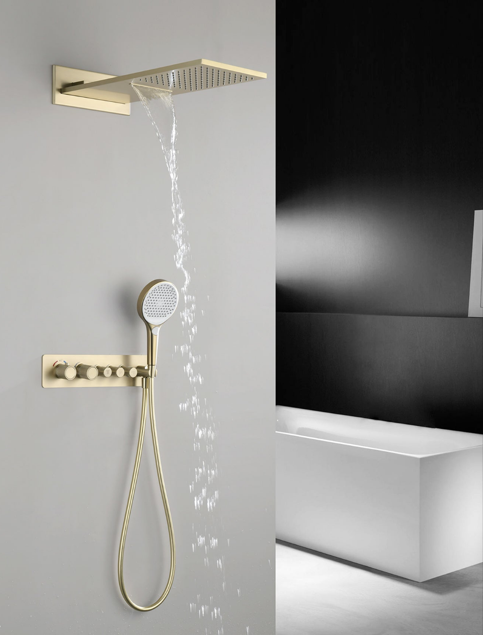 Thermostatic brushed gold shower set.