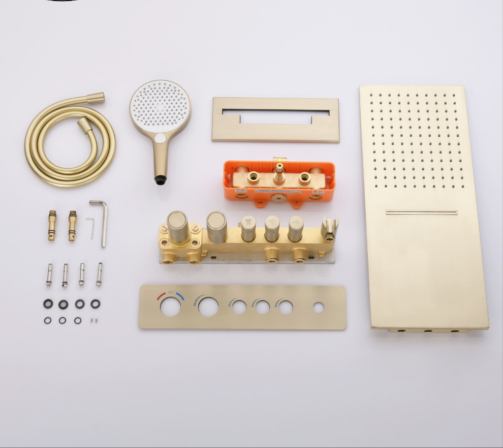 Thermostatic brushed gold shower set.