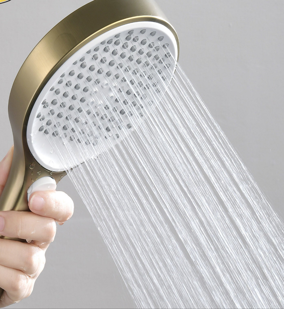 Thermostatic brushed gold shower set.