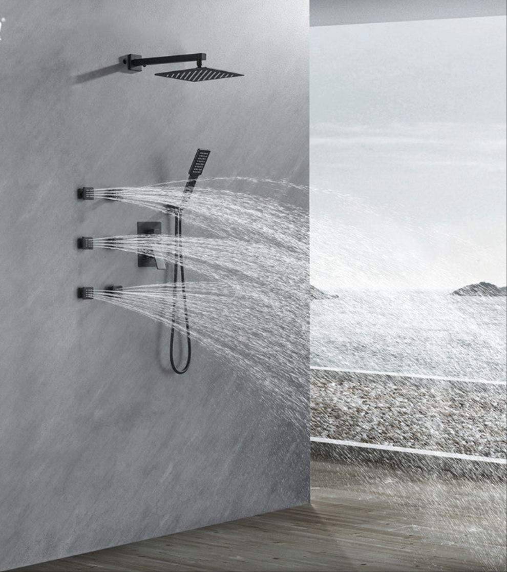 3 way shower set. Drench head, hand held hose, body jets.