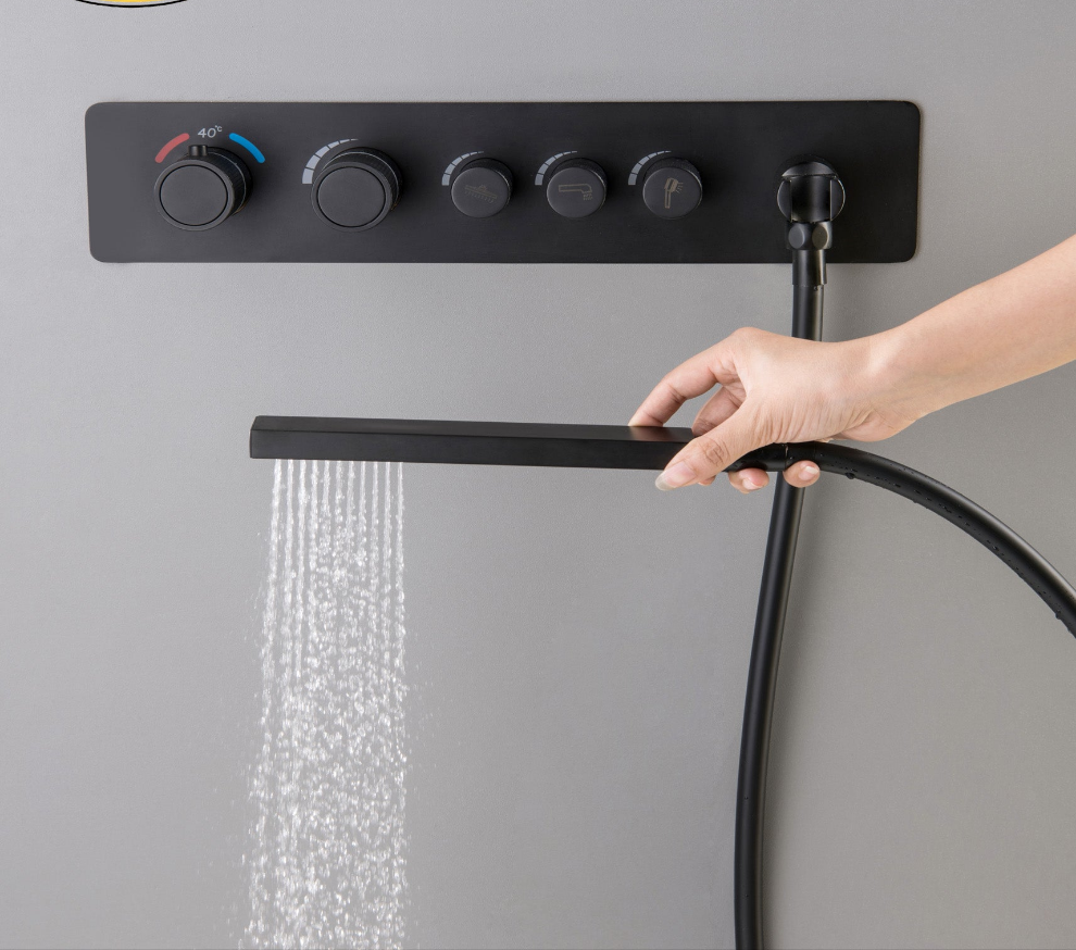 Thermostatic matte black shower mixer.