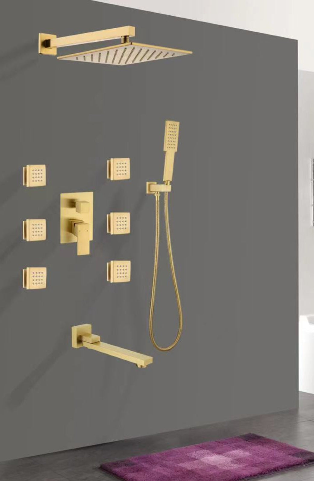 3 way shower set. Drench head, hand held hose, body jets.