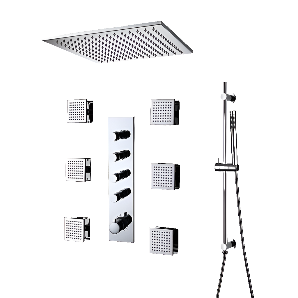 3 way shower set. Drench head, hand held hose, body jets.